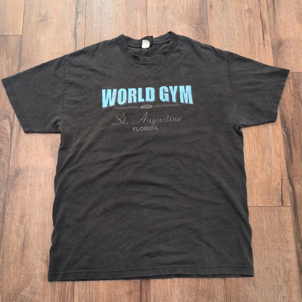 VTG World Gym Adult Large Spellout Shirt Florida Faded Gym Workout Muscles